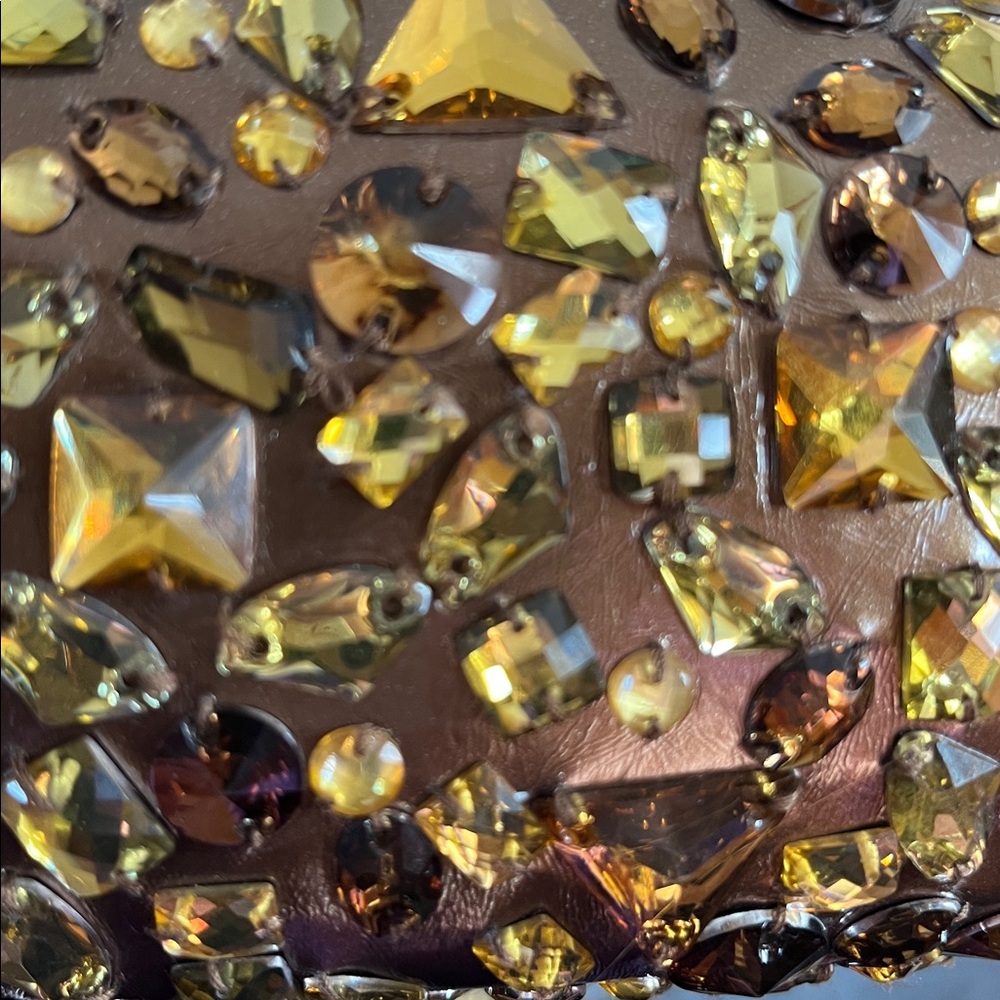 Bejeweled hard case Clutch embellished with gold & Amber crystals & rhinestones. - Picture 6 of 14